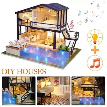 Миниатюрный кукольный домик, большой деревянный игрушечный дом, модельный комплект, КВАРТИРА, большой кукольный домик с музыкальными игрушками для девочек