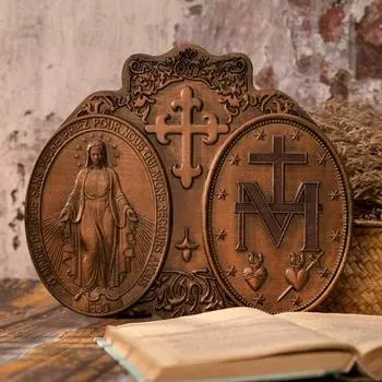 Miracle Medal Virgin Mary Statue, Catholic Religious Item, Home Wall Hanging, Christian Wooden Decor, Religious Gift 30cm