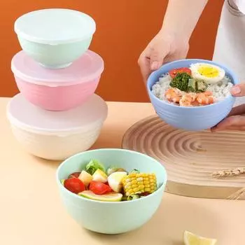 Миски для хлопьев с крышкой, 3 шт./компл., легкие обеденные миски без бисфенола А для лапши, рисового фруктового супа, посудомоечная машина, безопасное многофункциональное хранение в микроволновой печи A бежевый