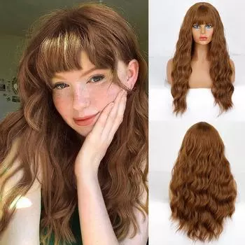 MISS WIG Длинный коричневый парик с волнистыми волосами с челкой Синтетическое волокно Светло-коричневый Повседневная одежда Длинный волнистый парик для косплея для женщин T1B-613