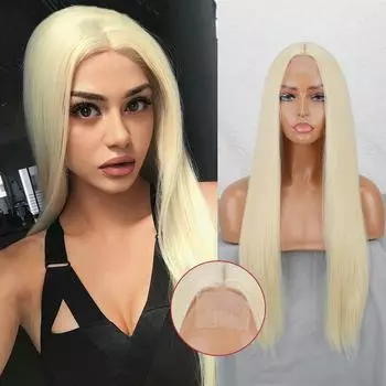 MISS WIG Длинный прямой парик без челки Золотисто-белый цвет Парик фронта шнурка Синтетическое волокно Повседневная одежда Длинный прямой парик