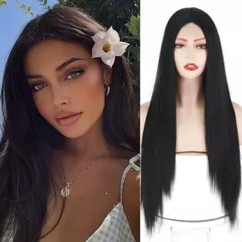 MISS WIG Длинный прямой парик средней части без челки Черный парик из синтетического термостойкого волокна Повседневная одежда Косплей 26inches