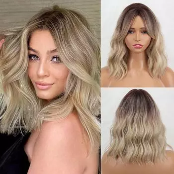 MISS WIG Коричневый блондин с омбре парик из синтетического волокна с натуральной челкой женский пепельно-русый волнистый парик до плеч для женщин 35 cm