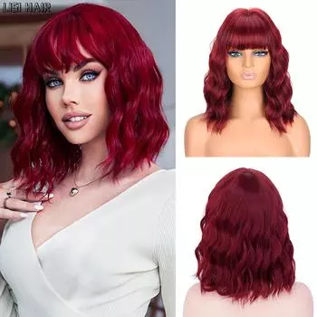 MISS WIG Короткий волнистый парик с челкой Синтетический парик Боб длиной до плеч Жаропрочные винно-красные парики для женщин Ежедневное вечернее использование 35cm