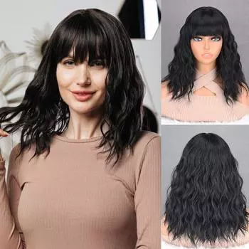 MISS WIG Натуральный черный короткий волнистый парик с челкой Синтетическое волокно длиной до плеч Парик с натуральной волной воды Косплей Повседневная одежда Волнистый парик 30 cm
