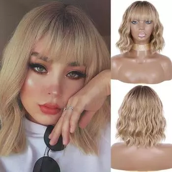 MISS WIG Парик из прямых волос с короткой челкой, женский парик с синтетической челкой, золотой парик для вечеринки, длина до плеч