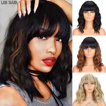 MISS WIG Синтетический темный волнистый парик с челкой, женский короткий стильный парик, подходит для ролевых игр, подходит для девочек, парик для косплея 35cm