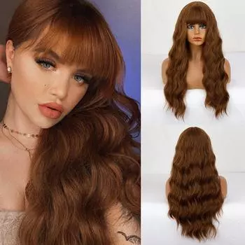 MISS WIG Светло-коричневый женский модный длинный волнистый парик с челкой из синтетического волокна для повседневной носки Длинный волнистый черный коричневый парик T1B/613