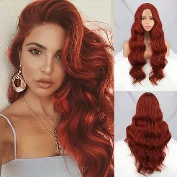 MISS WIG Женская мода Длинный объемный волнистый парик с кружевной передней частью Рыжий оранжевый парик без челки Синтетическое волокно Парик с волнистыми волосами Повседневная одежда