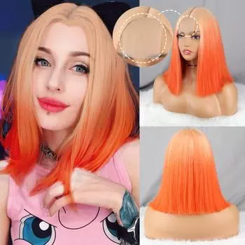 MISS WIG Женская мода Короткий прямой парик Боб без челки Длина до плеч Синтетическое волокно Ombre Блондинка Оранжевый парик 10inches