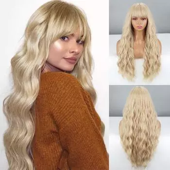 MISS WIG Женская мода Светло-русый длинный волнистый парик с челкой Синтетическое волокно Натуральные волнистые повседневная одежда Косплей Вечеринка Волнистый парик