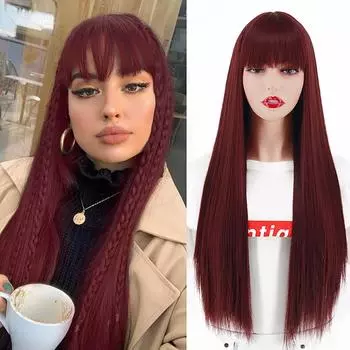 MISS WIG, женский длинный прямой парик красного вина с челкой, парик из синтетического волокна, черный, коричневый, цвет омбре для женщин, повседневная одежда 24inches