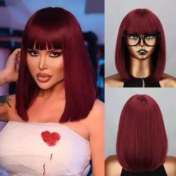 MISS WIG женский короткий натуральный прямой парик боб с челкой из синтетического волокна длиной до плеч, цвет красного вина, косплей, повседневная одежда, парик 6-26