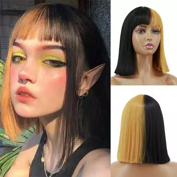 MISS WIG женский короткий полужелтый черный прямой парик боб с челкой парик из синтетического волокна для женщин косплэй повседневная одежда 14inches