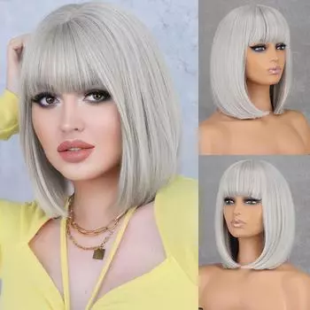 MISS WIG Женский короткий прямой парик Боб с челкой Синтетическое волокно Серый Косплей Повседневная одежда Парик Боб длиной до плеч