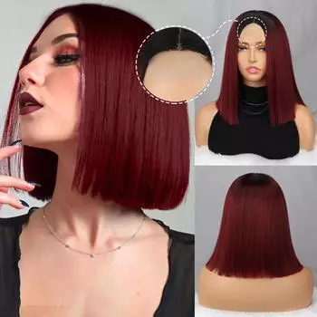 MISS WIG женский короткий прямой парик боб без челки, парик спереди, синтетическое волокно, цвет красного вина, прямой парик до плеч 14inches