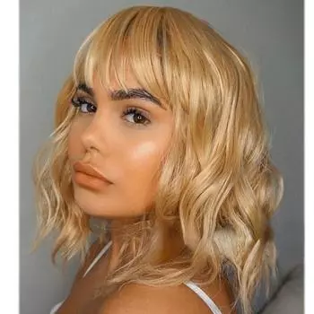 MISS WIG Женский короткий волнистый парик с челкой Синтетическое волокно Волнистый парик для женщин Черный коричневый цвет 2