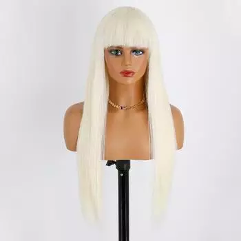 MISS WIG Женский модный длинный прямой светло-русый парик с тупой челкой из синтетического волокна для повседневного ношения Длинный прямой парик 60 cm