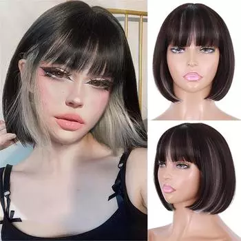 MISS WIG Женский модный короткий парик до плеч с челкой, градиентный черный, серый парик из синтетического волокна для женщин