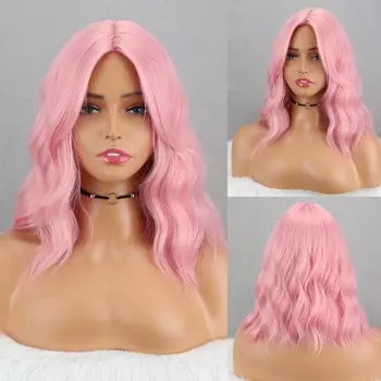 MISS WIG, женский волнистый парик до плеч с натуральной челкой, розовый короткий волнистый парик из синтетического волокна, повседневная одежда