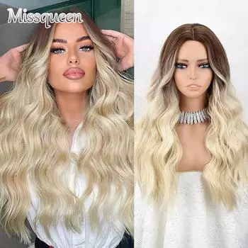 MISSQUEEN Ombre Коричневый Светло-русый Платиновый Длинный Волнистый Парик Из Натуральных Волос Синтетического Волокна для Косплея Для Женщин