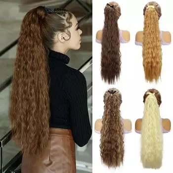 MISSQUEEN Synthetic Double Strap Ponytail Extensions Clip In Long Wavy Curly Ponytail Wrap Around Ponytail Heat Resistant For Women Cosplay Wear 55cm
