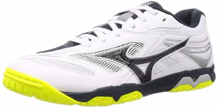 Mizuno Wave Medal 6 Амортизация и размер 2E Обувь для настольного тенниса, Стабильность, Белый/Темно-синий/Желтый, 27,0 см,