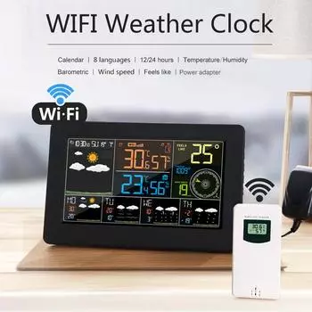 Многофункциональная цветная метеостанция с Wi-Fi, управление через приложение, умный монитор погоды, температура в помещении, влажность, барометрический ветер US Plug
