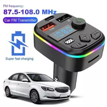 Многофункциональная гарнитура PD QC3.0 PD Type-C Dual USB Ambient Player Type-C Wireless Light 5.0 Автомобильный FM-передатчик MP3 Зарядное устройство Bluetooth C4 with packaging