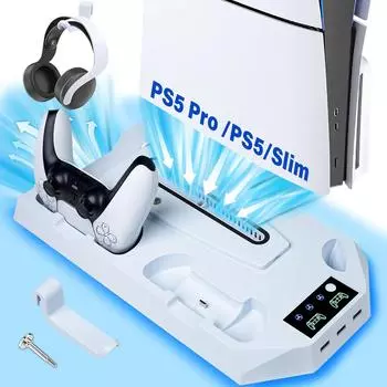 Многофункциональная охлаждающая подставка для PS5 Slim/Pro с двойным зарядным устройством чёрный