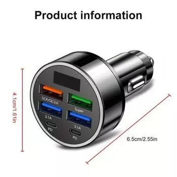 Многопортовое автомобильное зарядное устройство 2PD 4USB с быстрой зарядкой PD QC3.0 USB C Автомобильное зарядное устройство для телефона Тип C Адаптер в автомобиле чёрный