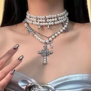 Многослойное колье-колье в стиле барокко с жемчугом и крестом, женское легкое роскошное элегантное ожерелье-свитер-цепочка