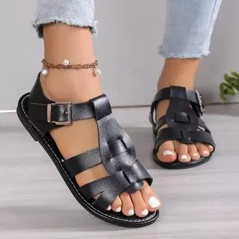 Мода 2024 года, горячая распродажа женской обуви, римские женские сандалии, пляжные сандалии для отдыха, женские сандалии с пряжкой на плоской подошве, большие размеры, женская обувь 36 чёрный