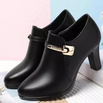 Мода Комфорт Deep Mouth Solid Single Shoes 2024 Весна Осень Новые Толстые Каблуки Модные Универсальные Заостренные Боковые Молнии Кожаные Туфли 35(Foot22.5cm)