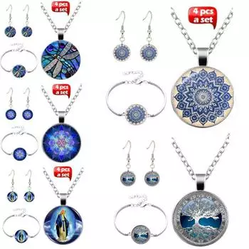 Мода, комплект из трех предметов Dragonfly Blue Time Gem, универсальное ожерелье-браслет «Древо жизни», серьги-браслеты