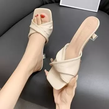мода Модные простые женские тапочки Dew Feet High Heels Однотонные удобные повседневные тапочкиМодные тапочки 2024 35 бежевый