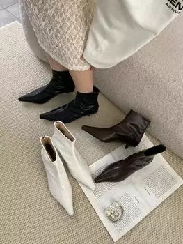 мода Модные женские ботильоны с острым носком Chelsea Botas Тонкие туфли на среднем каблуке Черные Белые Коричневые Молния сзади Модные туфли-лодочки Обувь Женщина 39 225 чёрный