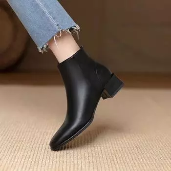 мода Модные женские короткие сапоги на толстом каблуке Коричневые мягкие кожаные ботильоны Новое поступление Осень/зима 2024 Весна/осень Сапоги 35 чёрный
