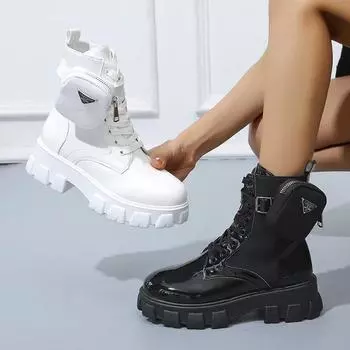 Мода Новые женские ботинки Botas Мотоциклетные ботинки на танкетке Женские ботинки на шнуровке Платформы Черные кожаные туфли-оксфорды Женские ботинки Botas Mujer Сумка 35 матовый черный