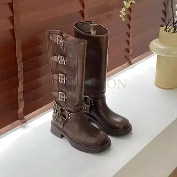 мода Платформа Ботинки Combat Молния Chuny Heel Пряжка Винтаж Мода Повседневный Роскошь Дизайнер Western Mid Calf Boots Обувь Женщина 35 коричневый
