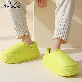 Мода Shevalues Толстые плюшевые тапочки на платформе для женщин зимние теплые домашние пушистые тапочки мужские уличные водонепроницаемые модные уличные туфли 36-37(8.8-9 inch)