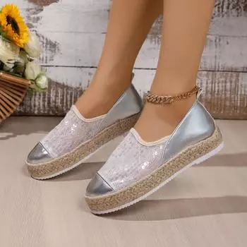мода Splicing Sequins Casual Shoes for Women Loafers Fashion Slip-on Mesh Sneakers Women Shoes Big Size 43 Women s Vulcanized Shoes 35 розовый