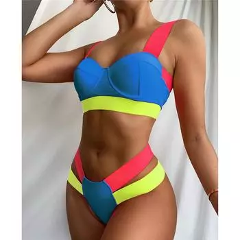 мода Сращивание Push Up бикини женский купальник женский купальник из двух частей бикини комплект с бюстгальтером чашечка ремни купальный костюм плавание S чёрный