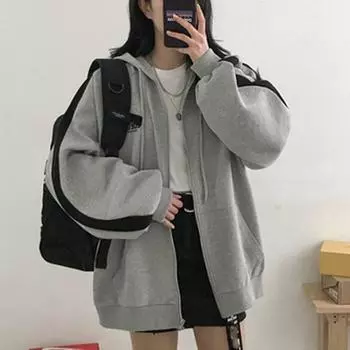 МОДА Толстовки Harajuku большого размера на молнии для женщин, джемпер с капюшоном с длинным рукавом, обычное пальто с капюшоном, повседневная толстовка в корейском стиле S серый