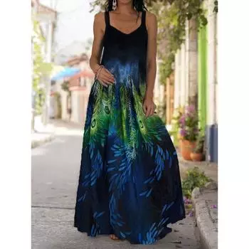 МОДА Женское модное повседневное платье с V-образным вырезом и принтом Swing Sling Boho, свободное летнее пляжное платье без рукавов с открытыми плечами, длинное платье больших размеров S темно-синий
