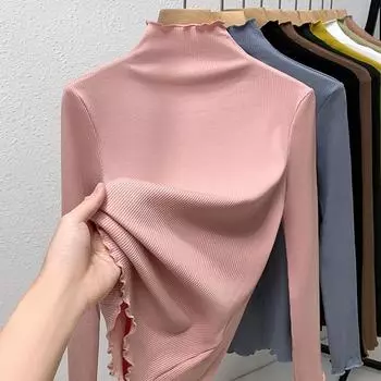Modal Base Shirt for Women New Women s Half-high Neck Long-sleeved T-shirt with Waist-closed Top with Ear-sided Top S