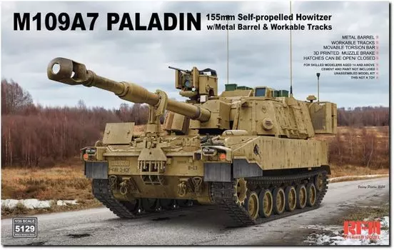 Модель Ryfield, американская пушка M109A7 Paladin, 155-мм ствол, сочлененная подвижная гусеница, пластиковая модель RFM5129 1/35, самоходная с металлом и (бак)
