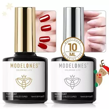 Modelones Gel Nail Top Coat Base Coat 10ml Set of No wiping Large Quick For gel Color gel nails 2, Non-wipe, required, capacity, drying, nails, UV/LED