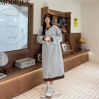 MODIQUE, весеннее женское платье больших размеров, свободное плюшевое утолщенное лоскутное длинное платье с буквенным принтом, женское базовое повседневное хлопковое платье с длинным рукавом и круглым вырезом XL серый