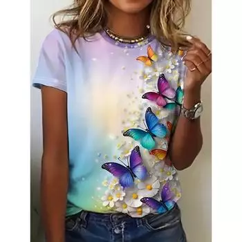 Модная футболка с принтом 3D-бабочки для женщин, летние повседневные топы с круглым вырезом и коротким рукавом, футболки для девочек Kawaii, свободная трендовая женская одежда S